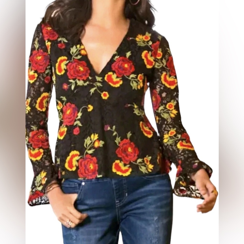 Alexia Admor Black and Red Embroidered Floral Lace Blouse XL